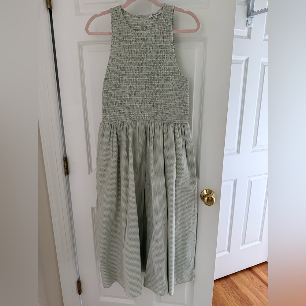 Madewell Sage Green Striped Smocked Midi Dress Size Large - Picture 2 of 5